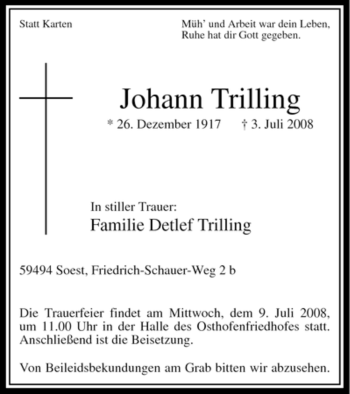 Traueranzeige von Johann Trilling