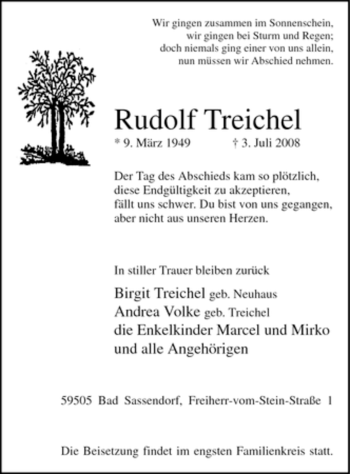 Traueranzeige von Rudolf Treichel