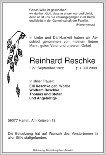 Traueranzeige von Reinhard Reschke