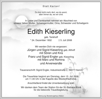 Traueranzeige von Edith Kieserling