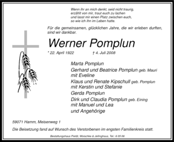 Traueranzeige von Werner Pomplun