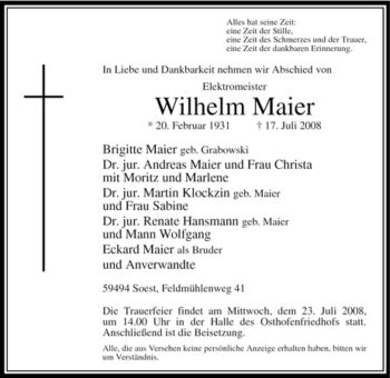 Traueranzeige von Wilhelm Maier