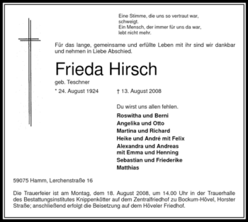 Traueranzeige von Frieda Hirsch