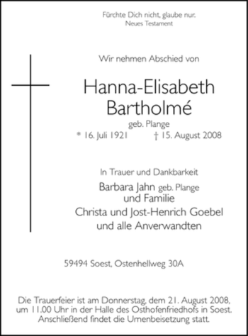 Traueranzeige von Hanna-Elisabeth Bertholomé