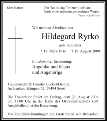 Traueranzeige von Hildegard Ryrko