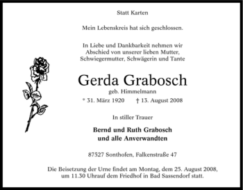 Traueranzeige von Gerda Grabosch