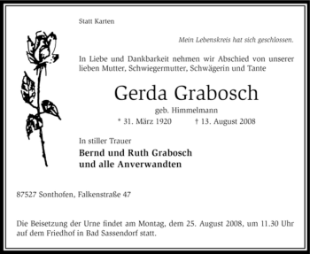 Traueranzeige von Gerda Grabosch