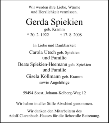 Traueranzeige von Gerda Spiekien