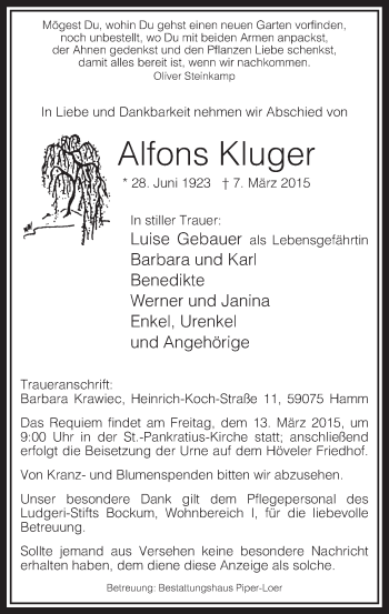 Traueranzeige von Alfons Kluger