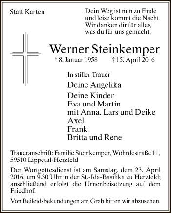 Traueranzeige von Werner Steinkemper
