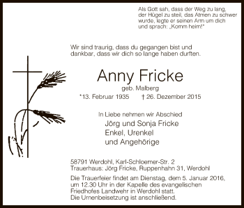 Traueranzeige von Anny Fricke