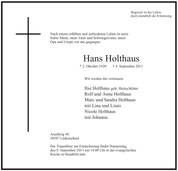 Traueranzeige von Hans Holthaus