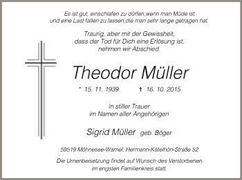 Traueranzeige von Theodor Müller