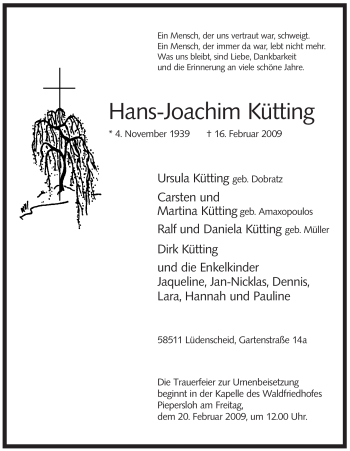 Traueranzeige von Hans-Joachim Kütting