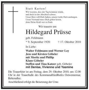 Traueranzeige von Hildegard Prüsse