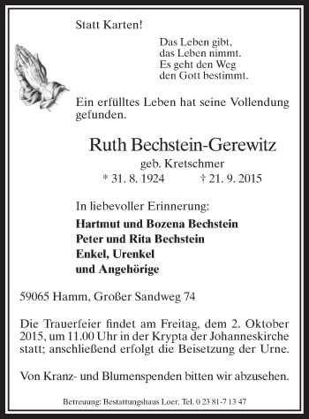 Traueranzeige von Ruth Bechstein-Gerewitz
