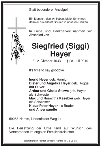 Traueranzeige von Siegfried (Siggi) Heyer