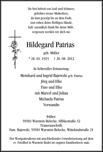 Traueranzeige von Hildegard Patrias