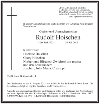 Traueranzeige von Rudolf Hoischen