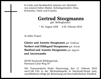 Traueranzeige von Gertrud Steegmanns