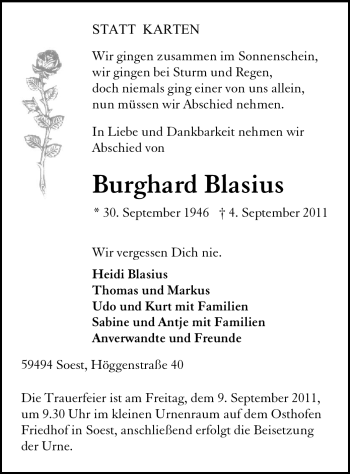 Traueranzeige von Burghard Blassius