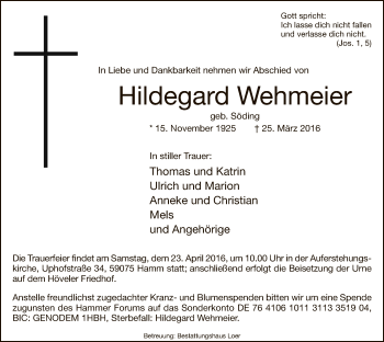 Traueranzeige von Hildegard Wehmeier