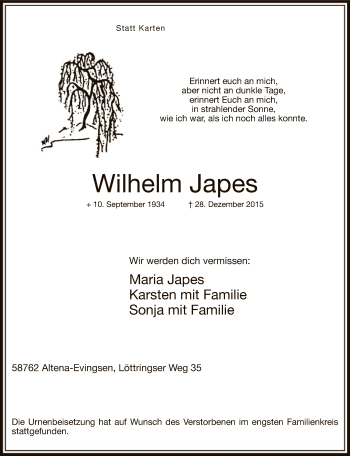 Traueranzeige von Wilhelm Japes