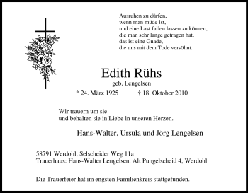 Traueranzeige von Edith Rühs