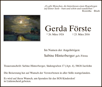 Traueranzeige von Gerda Förste