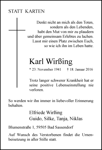Traueranzeige von Karl Wirßing