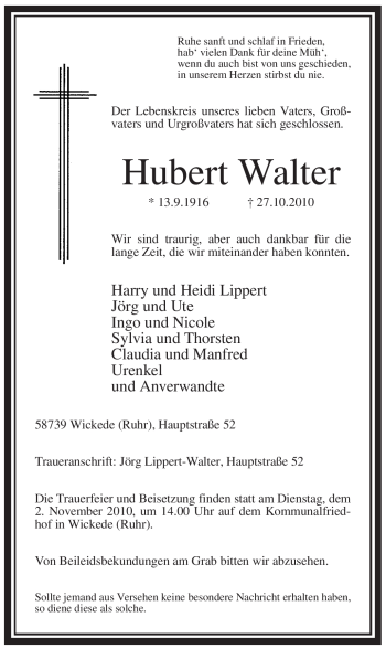 Traueranzeige von Hubert Walter