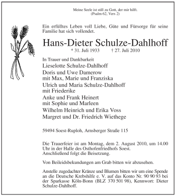 Traueranzeige von Hans-Dieter Schulze-Dahlhoff