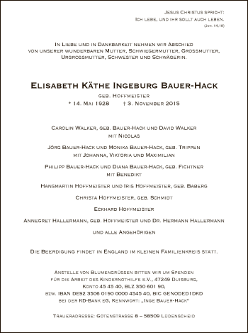 Traueranzeige von Elisabeth Käthe Ingeburg Bauer-Hack