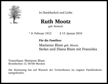 Traueranzeige von Ruth Mootz