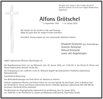 Traueranzeige von Alfons Grötschel