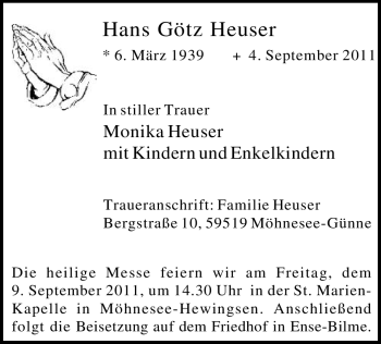 Traueranzeige von Hans Götz Heuser