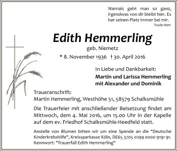 Traueranzeige von Edith Hemmerling