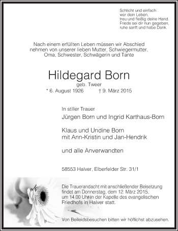Traueranzeige von Hildegard Born