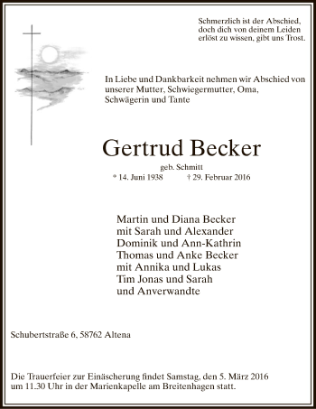Traueranzeige von Gertrud Becker
