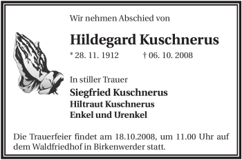 Traueranzeige von Hildegard Kuschnerus