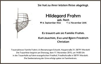 Traueranzeige von Hildegard Frahm
