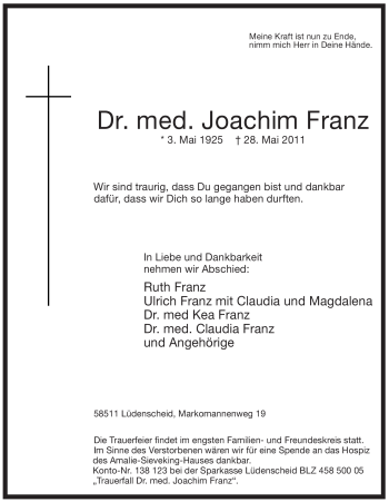 Traueranzeige von Joachim Franz