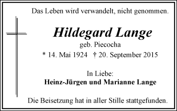 Traueranzeige von Hildegard Lange
