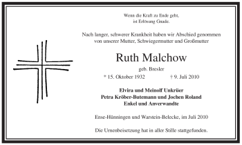 Traueranzeige von Ruth Malchow