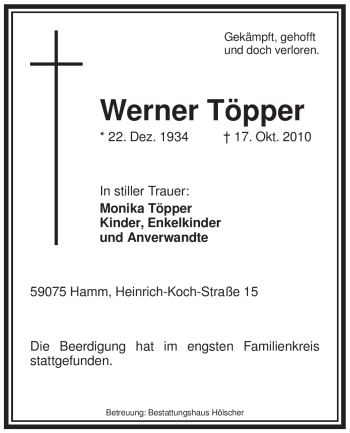 Traueranzeige von Werner Töpper