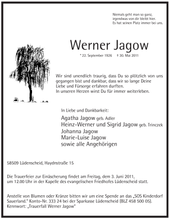 Traueranzeige von Werner Jagow