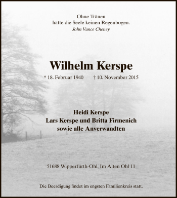 Traueranzeige von Wilhelm Kerspe