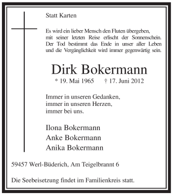 Traueranzeige von Dirk Bokermann