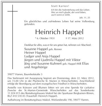 Traueranzeige von Heinrich Happel
