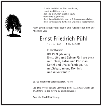 Traueranzeige von Ernst Friedrich Pühl